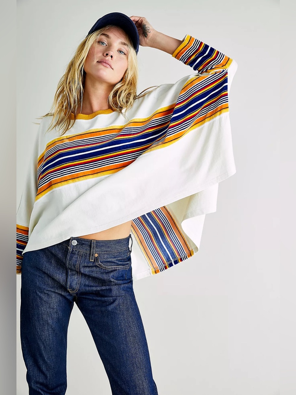 Free People We The Free Retro Velour Tee Cream Stripe Oversized Shirt Size Large